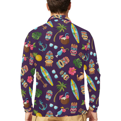 Hawaiian Themed Pattern Print Design H024 Long Sleeve Polo Shirt For Men's