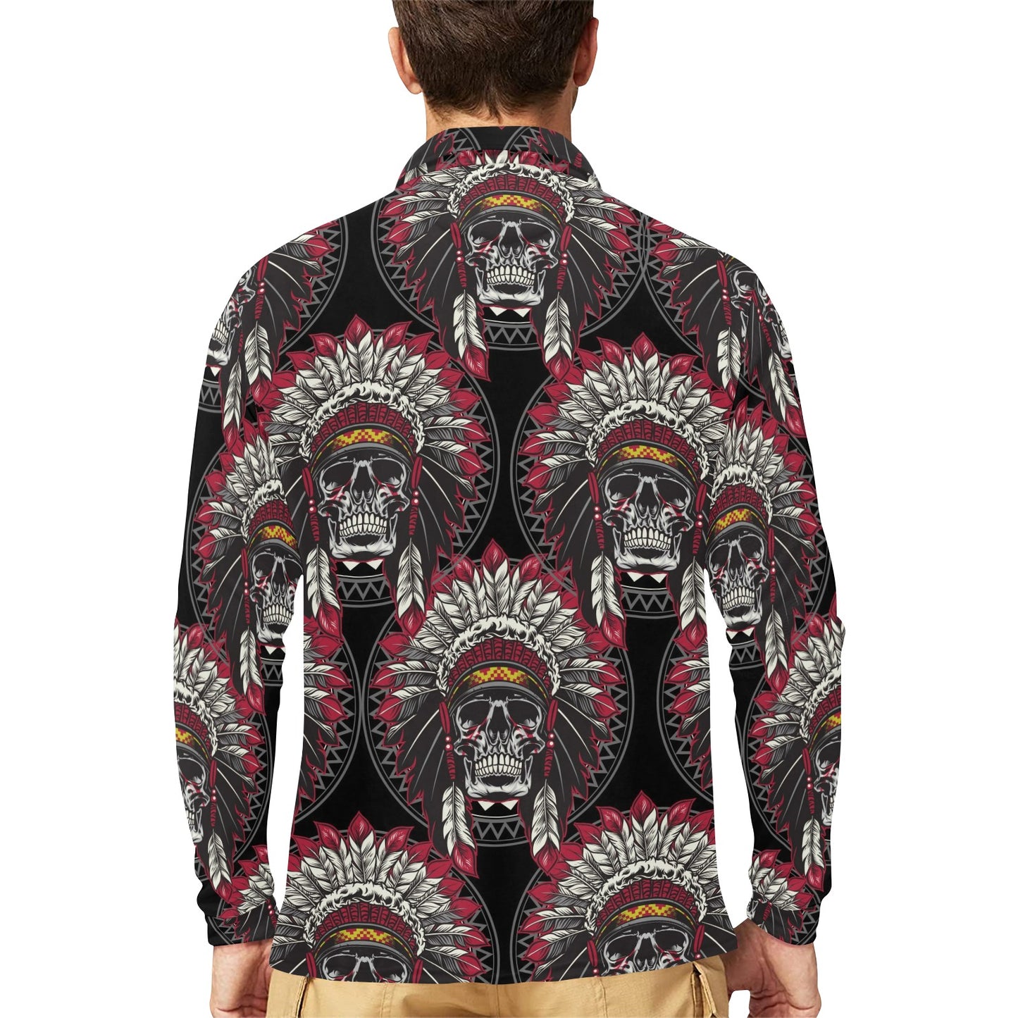 Native Indian Skull Long Sleeve Polo Shirt For Men's