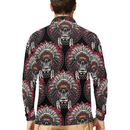 Native Indian Skull Long Sleeve Polo Shirt For Men's