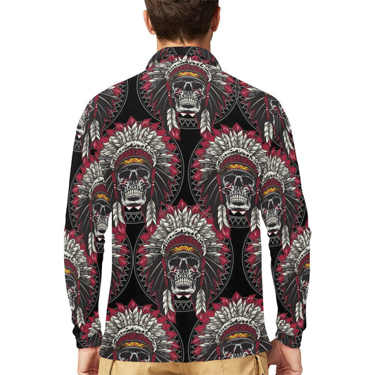 Native Indian Skull Long Sleeve Polo Shirt For Men's