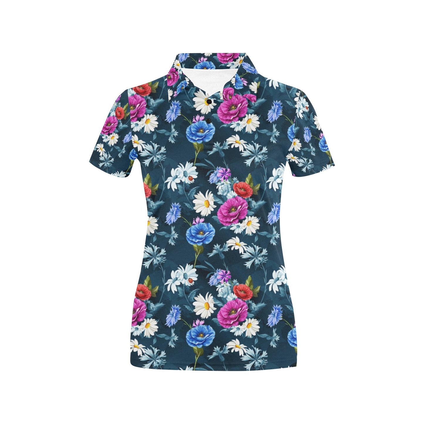 Floral Blue Themed Print Women's Polo Shirt