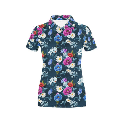 Floral Blue Themed Print Women's Polo Shirt