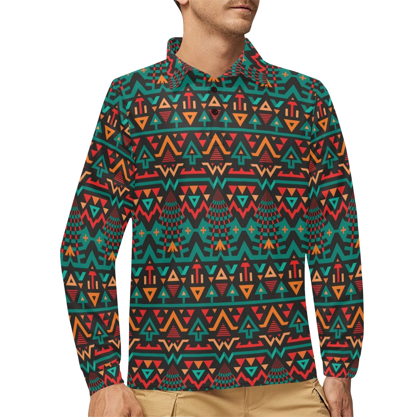 Aztec Pattern Print Design 04 Long Sleeve Polo Shirt For Men's