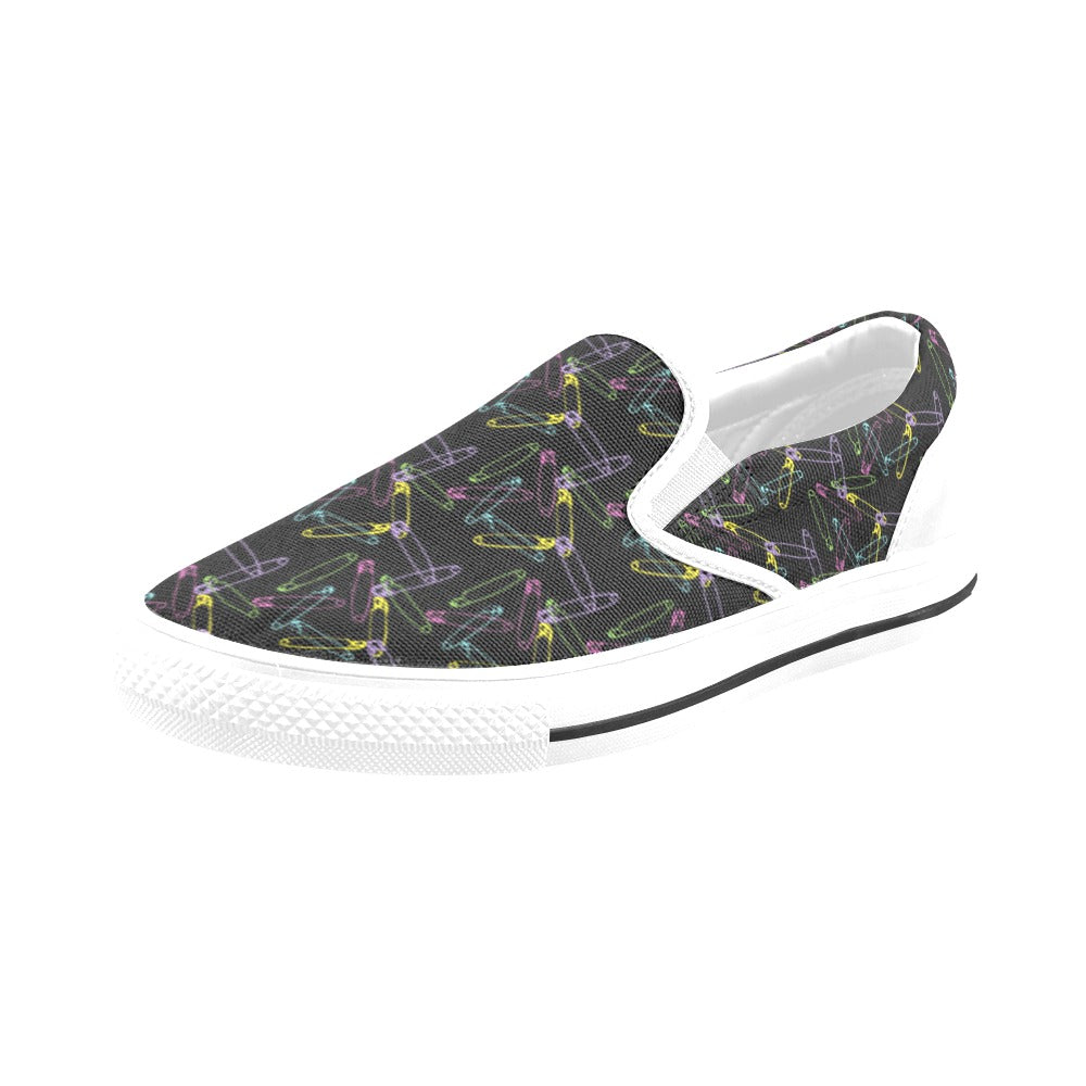 Safety Pin Print Design LKS304 White Slip Ons Canvas Women's Shoes