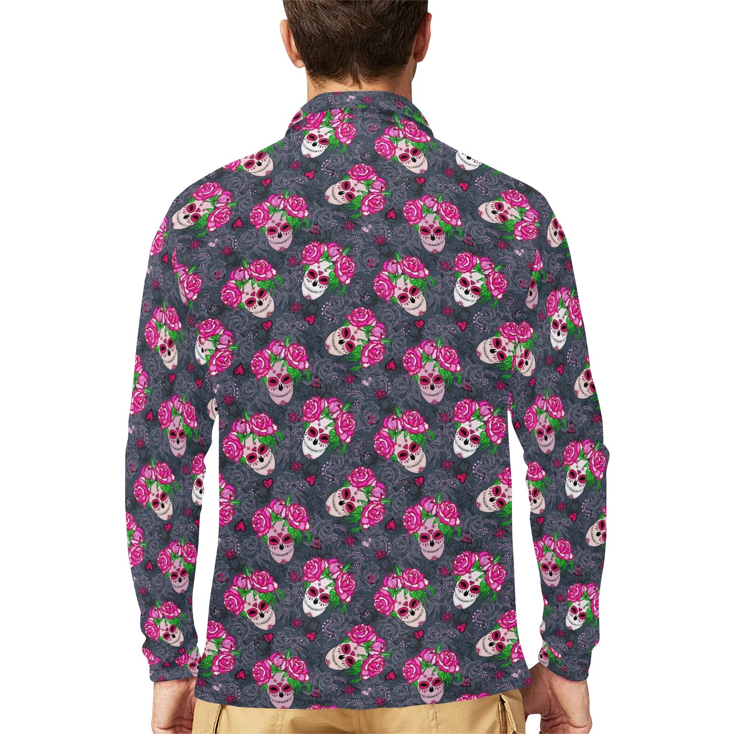 Sugar Skull Pink Rose Themed Print Long Sleeve Polo Shirt For Men's