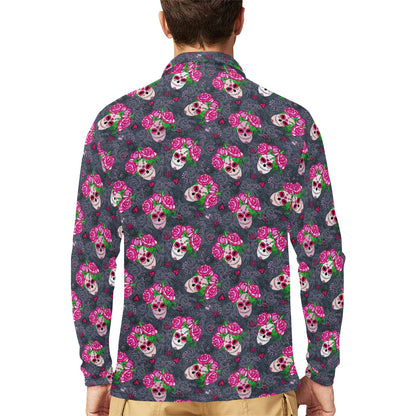 Sugar Skull Pink Rose Themed Print Long Sleeve Polo Shirt For Men's