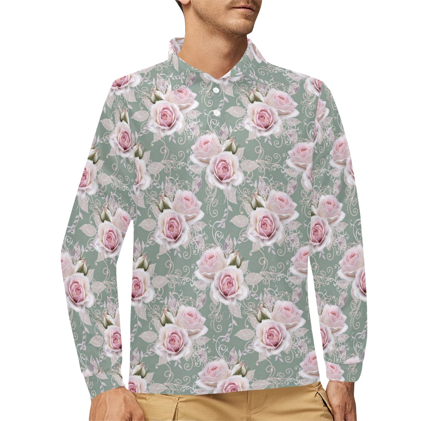 Rose White Pattern Print Design RO012 Long Sleeve Polo Shirt For Men's