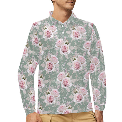 Rose White Pattern Print Design RO012 Long Sleeve Polo Shirt For Men's