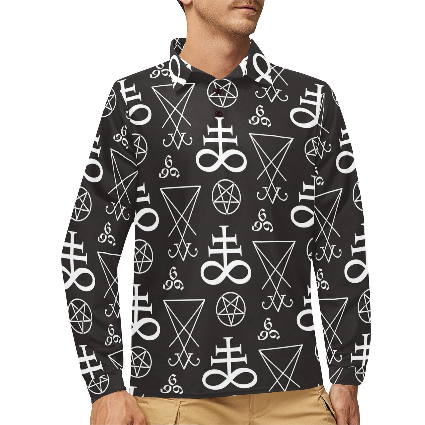 Pentagram Pattern Print Design A04 Long Sleeve Polo Shirt For Men's