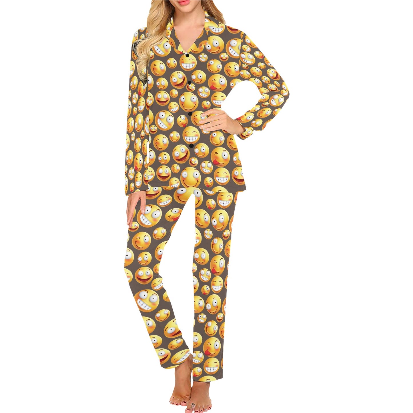 Smiley Face Emoji Print Design LKS303 Women's Long Pajama Set