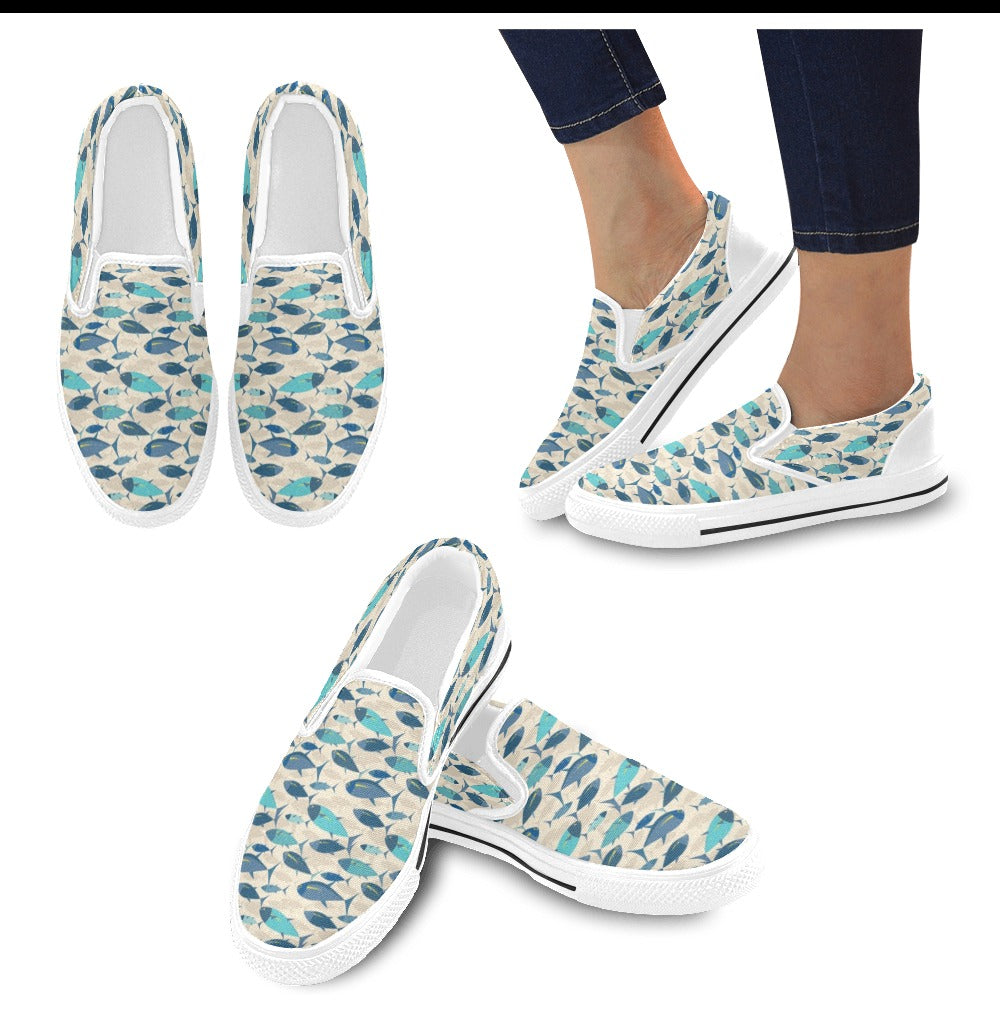 Tuna Fish Print Design LKS302 White Slip Ons Canvas Women's Shoes