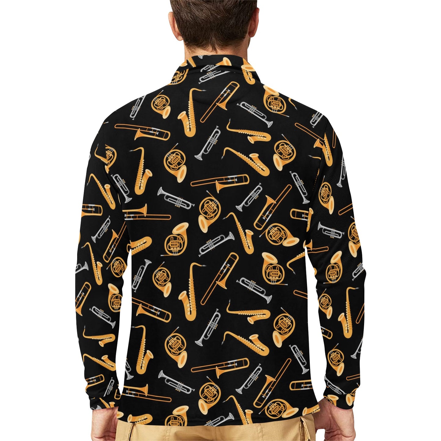 Saxophone Print Design LKS403 Long Sleeve Polo Shirt For Men's