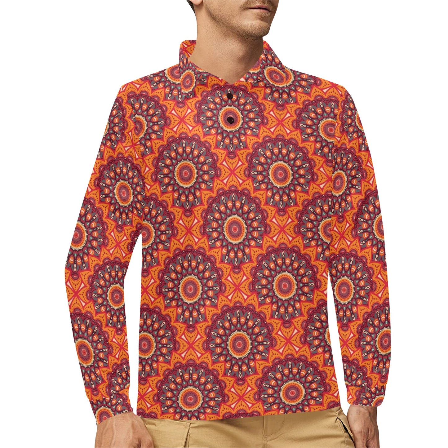 Bohemian Pattern Print Design 04 Long Sleeve Polo Shirt For Men's