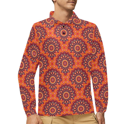 Bohemian Pattern Print Design 04 Long Sleeve Polo Shirt For Men's
