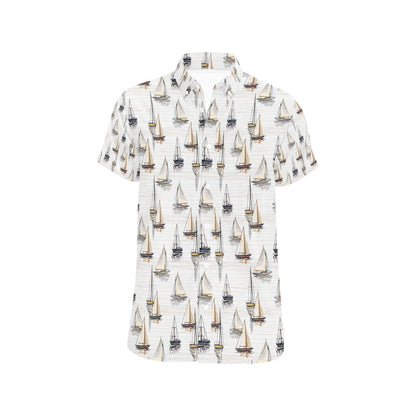 Sailboat Paint Pattern Print Design LKS307 Men Short Sleeve Button Up Shirt