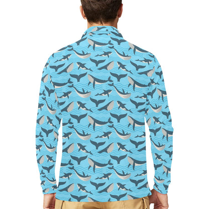 Whale Pattern Design Themed Print Long Sleeve Polo Shirt For Men's