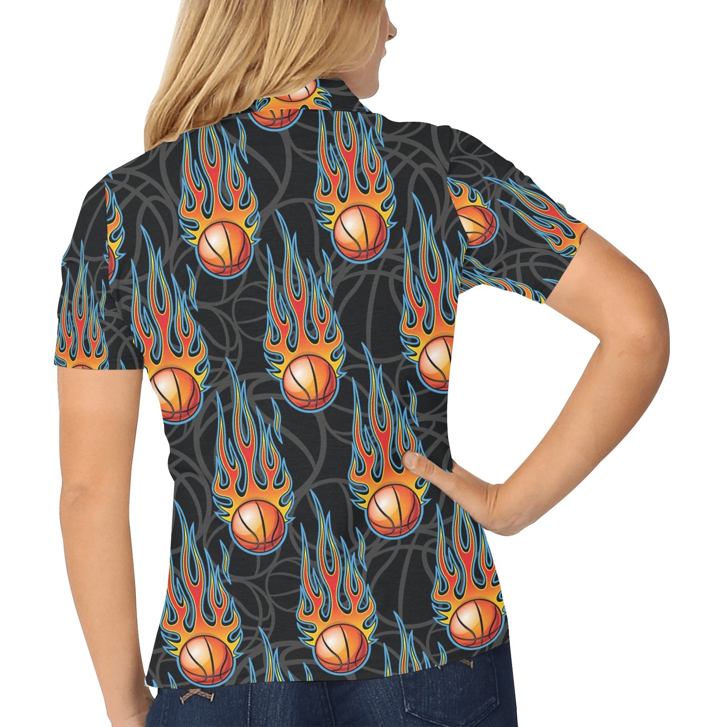 Basketball Fire Print Pattern Women's Polo Shirt