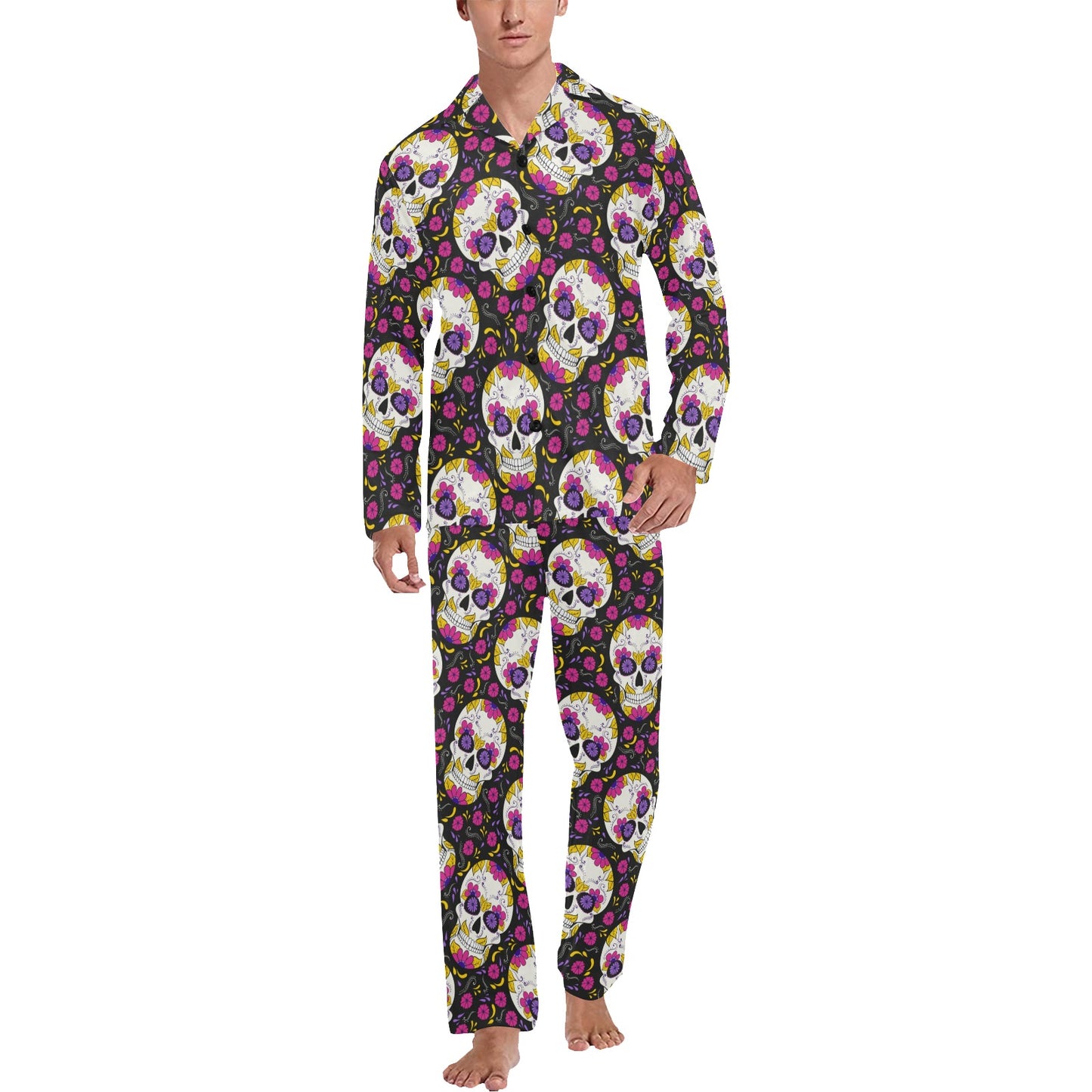 sugar skull Floral Pattern Men's Long Pajama Set