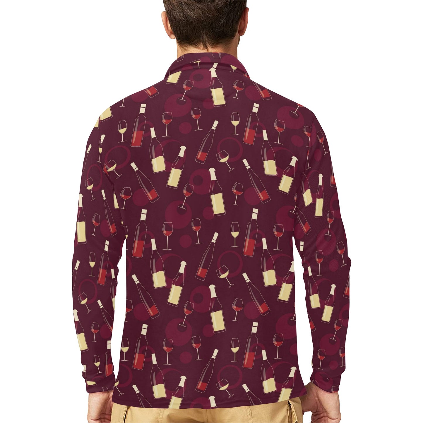 Wine Themed Pattern Print Long Sleeve Polo Shirt For Men's
