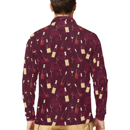 Wine Themed Pattern Print Long Sleeve Polo Shirt For Men's