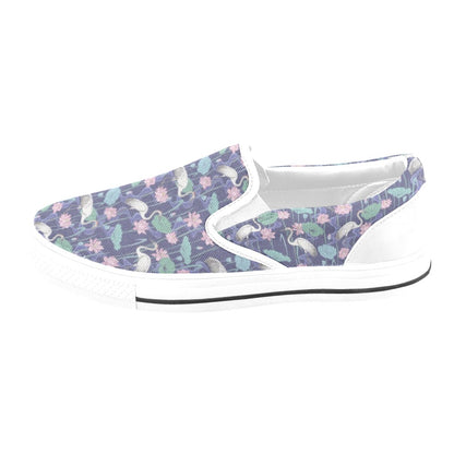 Water Lily Print Design LKS306 White Slip Ons Canvas Women's Shoes