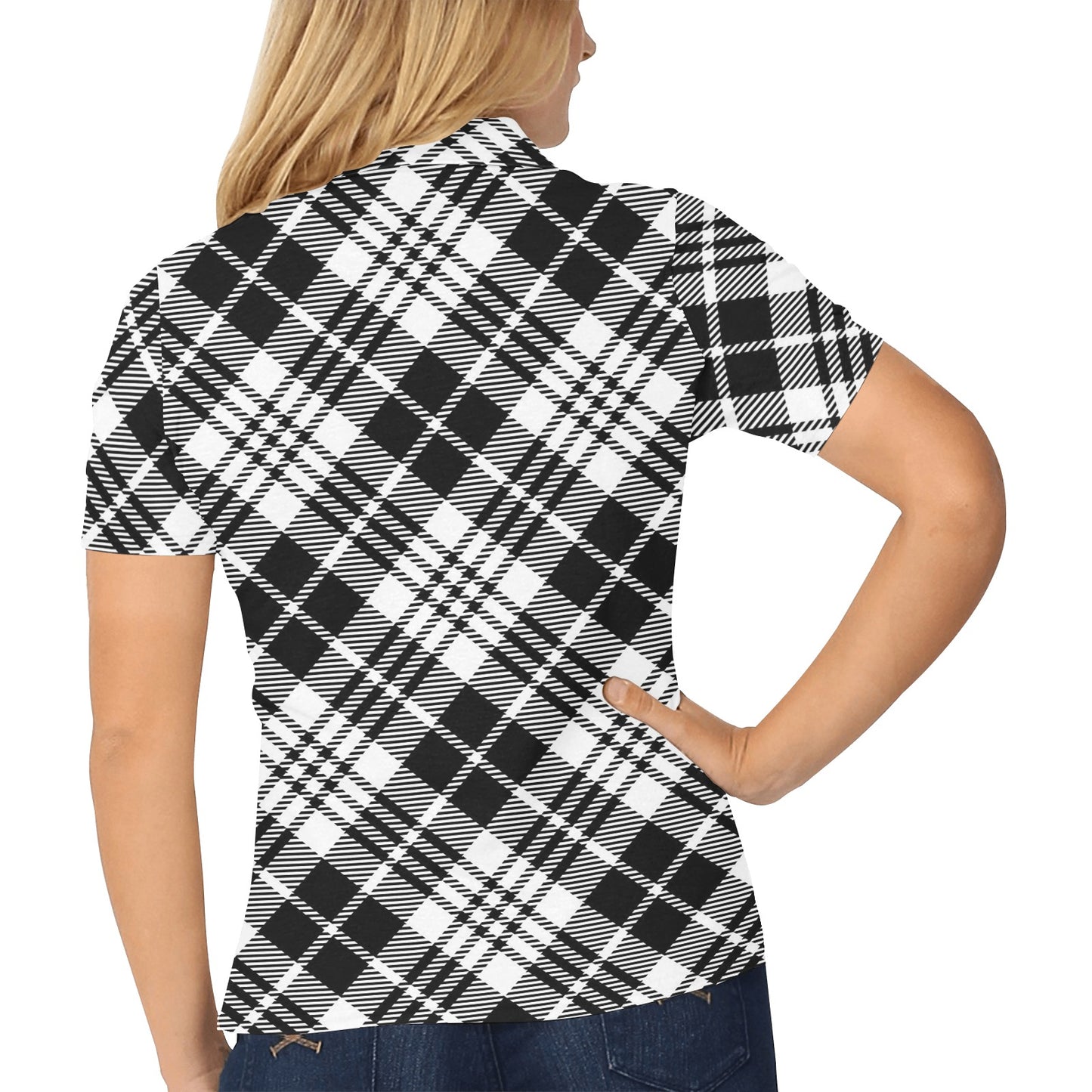 Plaid Black White Pattern Print Design A02 Women's Polo Shirt