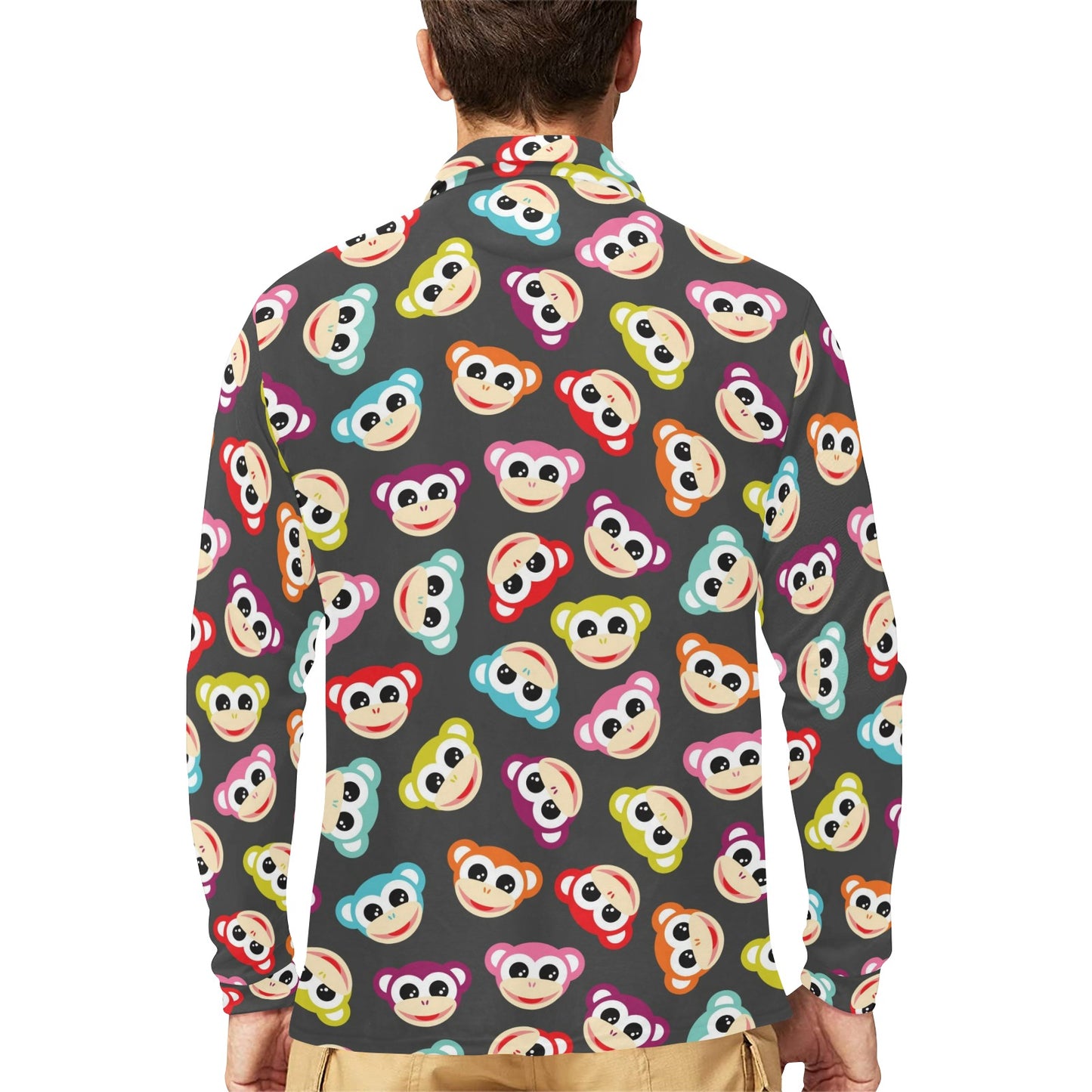 Monkey Head Design Themed Print Long Sleeve Polo Shirt For Men's