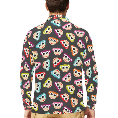 Monkey Head Design Themed Print Long Sleeve Polo Shirt For Men's