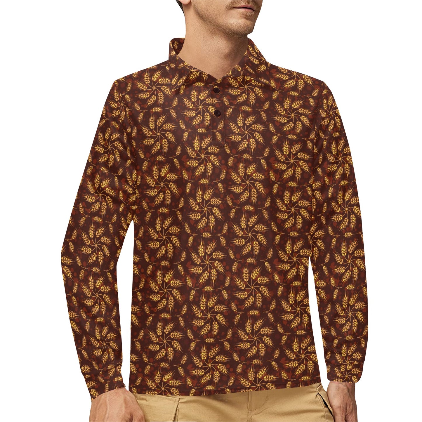 Agricultural Brown Wheat Print Pattern Long Sleeve Polo Shirt For Men's