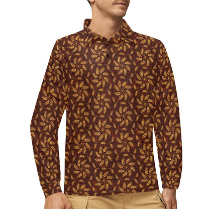 Agricultural Brown Wheat Print Pattern Long Sleeve Polo Shirt For Men's