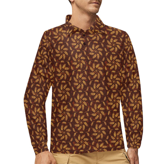 Agricultural Brown Wheat Print Pattern Long Sleeve Polo Shirt For Men's