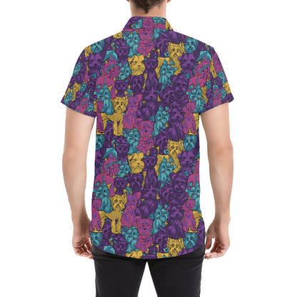 Yorkshire Terriers Print Design LKS3010 Men Short Sleeve Button Up Shirt