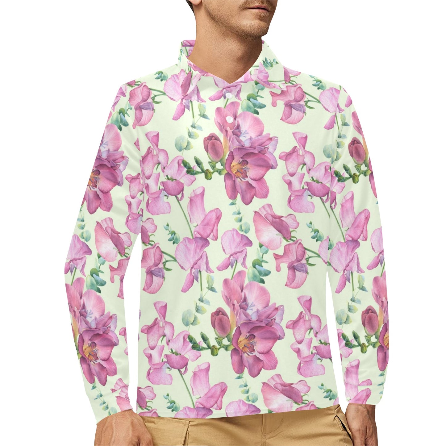 Peony Pattern Print Design PE011 Long Sleeve Polo Shirt For Men's