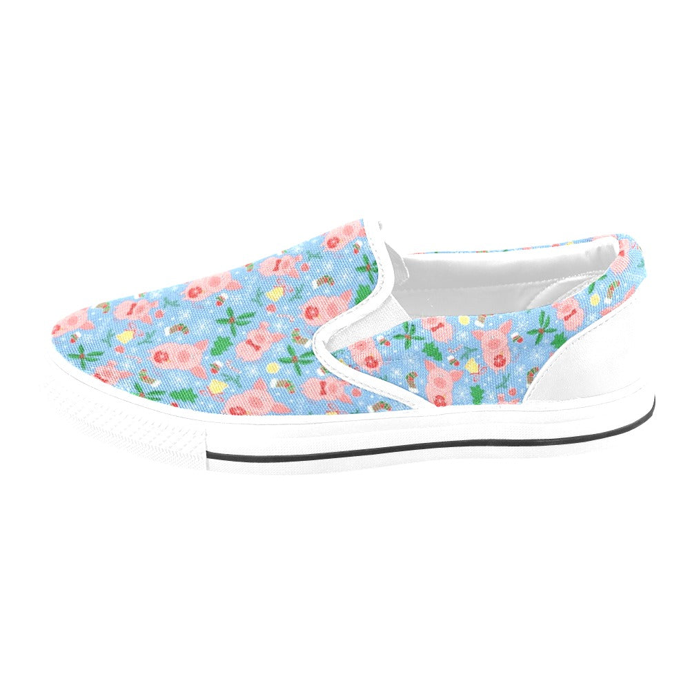 Pig Print Design LKS404 White Slip Ons Canvas Women's Shoes