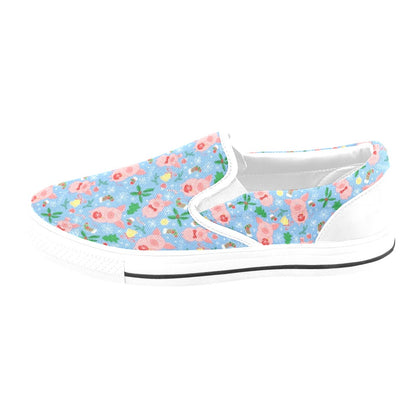 Pig Print Design LKS404 White Slip Ons Canvas Women's Shoes