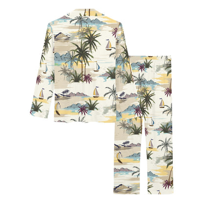 Palm Tree Beach Print Women's Long Pajama Set