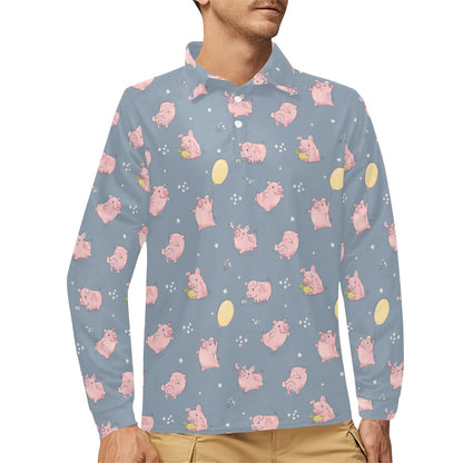 Pig Print Design LKS405 Long Sleeve Polo Shirt For Men's