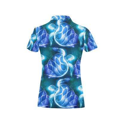 Blue Neon Sea Turtle Print Women's Polo Shirt