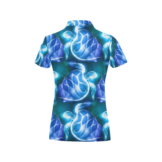 Blue Neon Sea Turtle Print Women's Polo Shirt