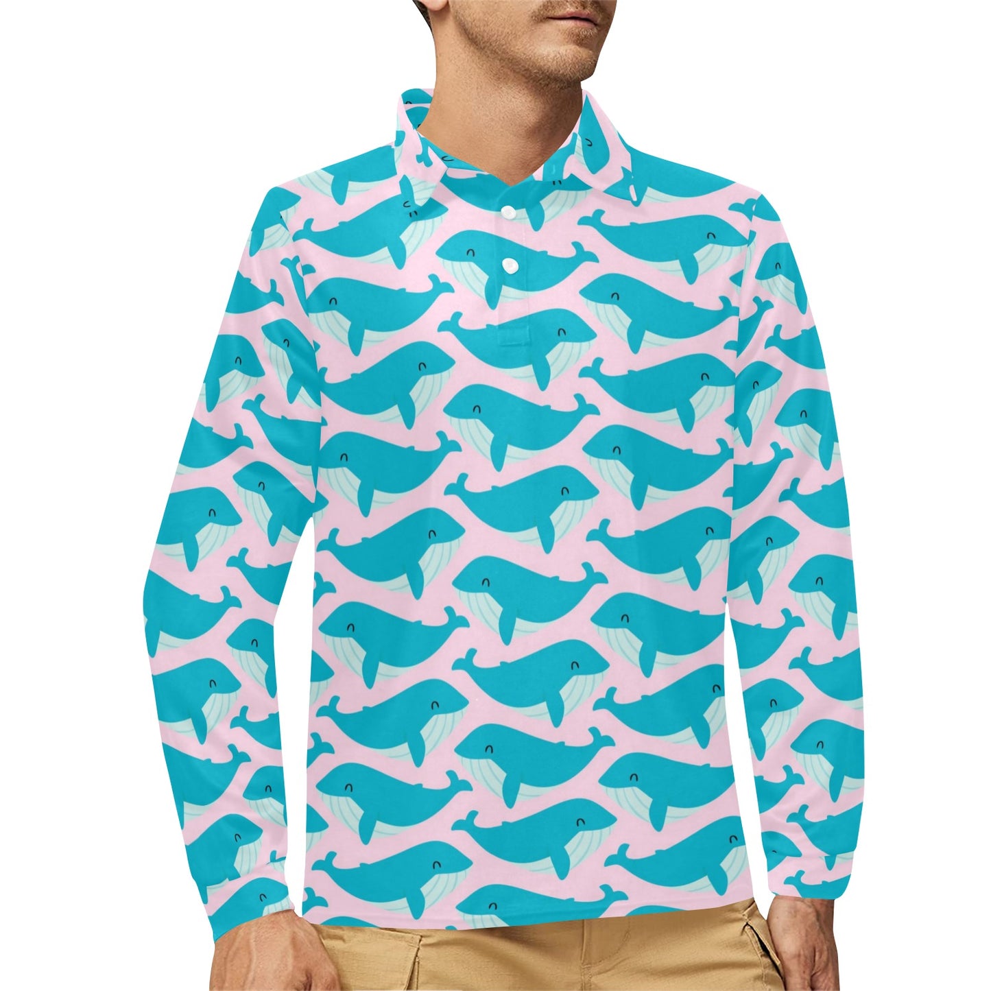 Whale Print Design LKS302 Long Sleeve Polo Shirt For Men's