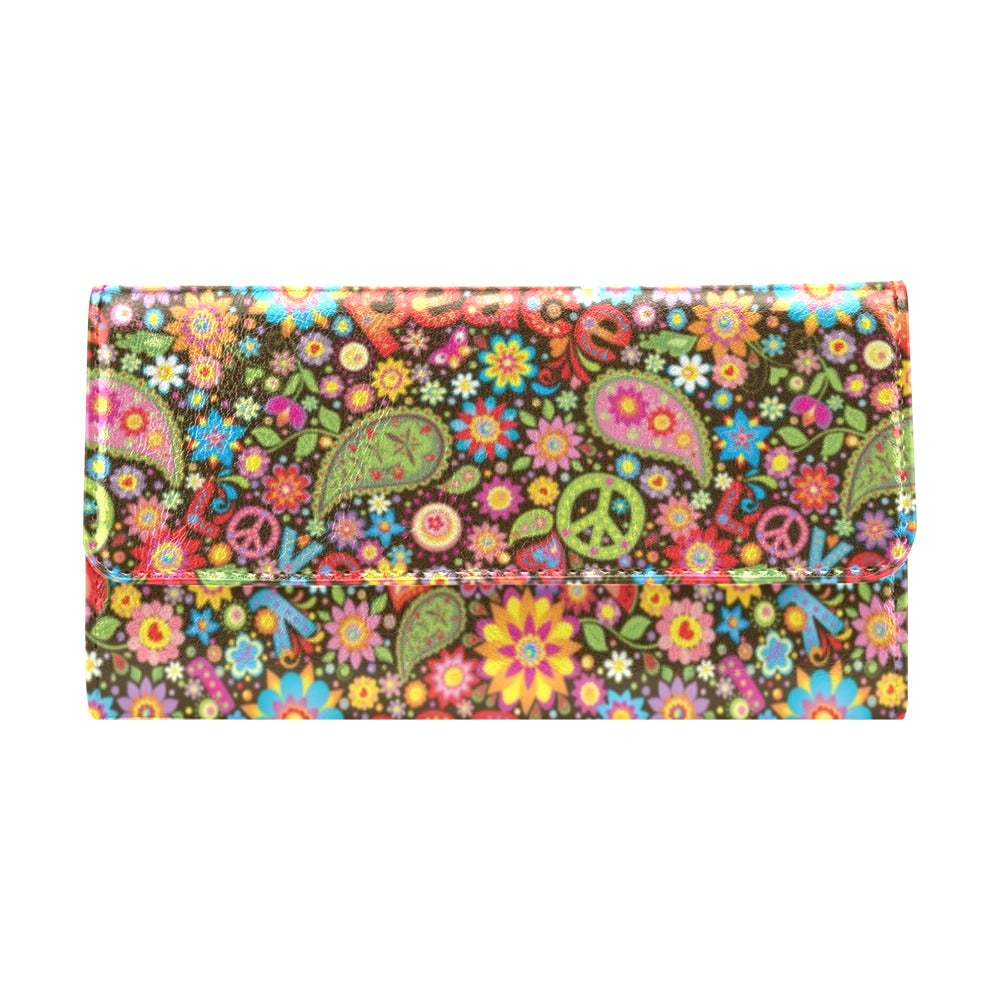 Flower Power Peace Paisley Themed Print Women's Trifold Wallet