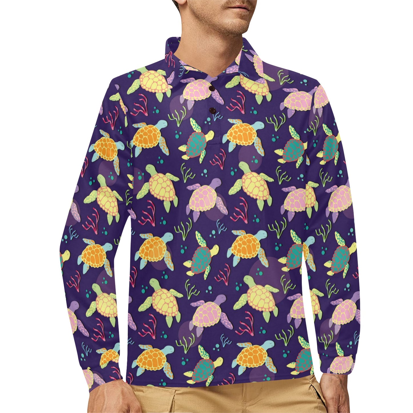 Sea Turtle Color Smile Long Sleeve Polo Shirt For Men's