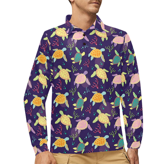 Sea Turtle Color Smile Long Sleeve Polo Shirt For Men's