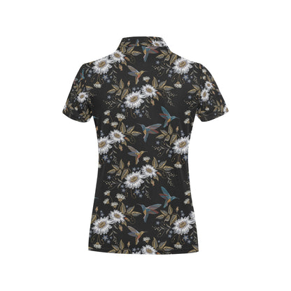 Hummingbird with Embroidery Themed Print Women's Polo Shirt