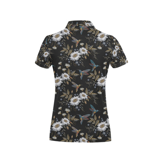 Hummingbird with Embroidery Themed Print Women's Polo Shirt