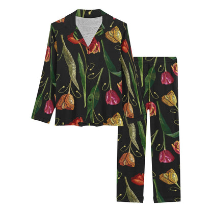 Tulip Embroidered Pattern Print Design TP01 Women's Long Pajama Set