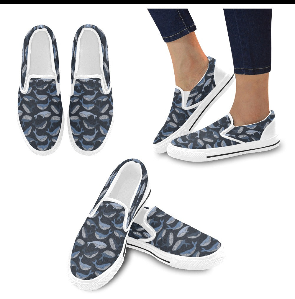 Whale Print Design LKS301 White Slip Ons Canvas Women's Shoes