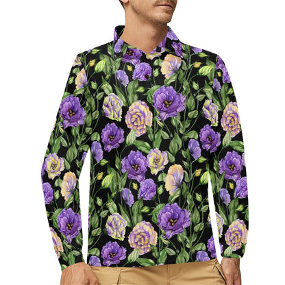 Lisianthus Pattern Print Design LT02 Long Sleeve Polo Shirt For Men's