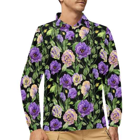 Lisianthus Pattern Print Design LT02 Long Sleeve Polo Shirt For Men's