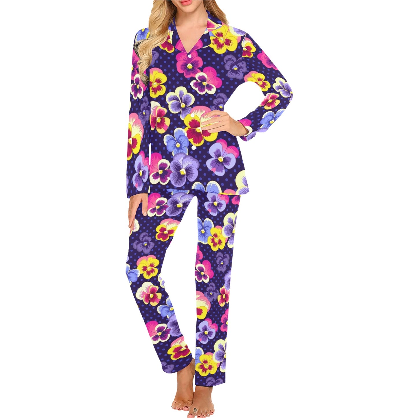 Pansy Pattern Print Design PS04 Women's Long Pajama Set